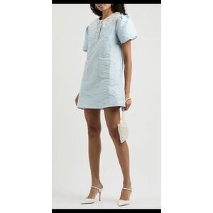 New SISTER JANE Squirrel Metallic Cloqué Mini Dress Baby Blue Size Medium